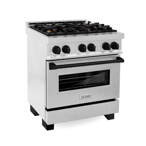 ZLINE Autograph Edition 30 in. 4.0 cu. ft. Legacy Dual Fuel Range with 4 Burner Gas Cooktop and Electric Convection Oven in Satin Stainless Steel and Matte Black Accents (RASZ-SN-30-MB) main image.