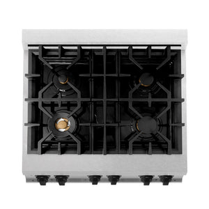 ZLINE Autograph Edition 30 in. 4.0 cu. ft. Legacy Dual Fuel Range with 4 Burner Gas Cooktop and Electric Convection Oven in Satin Stainless Steel and Matte Black Accents (RASZ-SN-30-MB) top-down, above cooktop.