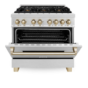ZLINE Autograph Edition 36 in. 4.6 cu. ft. Legacy Dual Fuel Range with 6 Burner Gas Cooktop and Electric Convection Oven in Satin Stainless Steel and Polished Gold Accents (RASZ-SN-36-G) front, oven half open.
