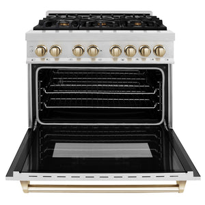 ZLINE Autograph Edition 36 in. 4.6 cu. ft. Legacy Dual Fuel Range with 6 Burner Gas Cooktop and Electric Convection Oven in Satin Stainless Steel and Polished Gold Accents (RASZ-SN-36-G) front, open.