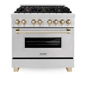 ZLINE Autograph Edition 36 in. 4.6 cu. ft. Legacy Dual Fuel Range with 6 Burner Gas Cooktop and Electric Convection Oven in Satin Stainless Steel and Polished Gold Accents (RASZ-SN-36-G) front, oven closed.