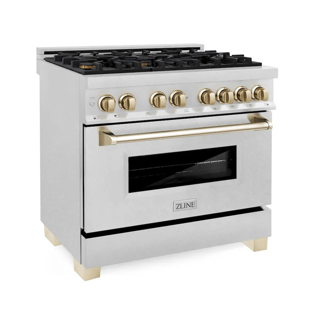 ZLINE Autograph Edition 36 in. 4.6 cu. ft. Legacy Dual Fuel Range with 6 Burner Gas Cooktop and Electric Convection Oven in Satin Stainless Steel and Polished Gold Accents (RASZ-SN-36-G) main image.