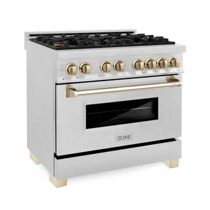 ZLINE Autograph Edition 36 in. 4.6 cu. ft. Legacy Dual Fuel Range with 6 Burner Gas Cooktop and Electric Convection Oven in Satin Stainless Steel and Polished Gold Accents (RASZ-SN-36-G) main image.