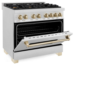 ZLINE Autograph Edition 36 in. 4.6 cu. ft. Legacy Dual Fuel Range with 6 Burner Gas Cooktop and Electric Convection Oven in Satin Stainless Steel and Polished Gold Accents (RASZ-SN-36-G) side, oven half open.