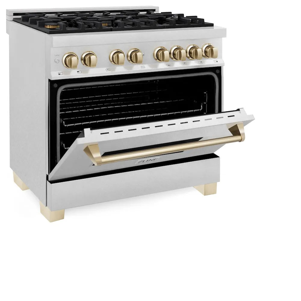 ZLINE Autograph Edition 36 in. 4.6 cu. ft. Legacy Dual Fuel Range with 6 Burner Gas Cooktop and Electric Convection Oven in Satin Stainless Steel and Polished Gold Accents (RASZ-SN-36-G) side, oven half open.