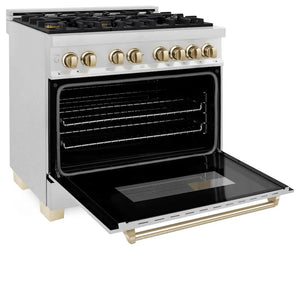 ZLINE Autograph Edition 36 in. 4.6 cu. ft. Legacy Dual Fuel Range with 6 Burner Gas Cooktop and Electric Convection Oven in Satin Stainless Steel and Polished Gold Accents (RASZ-SN-36-G) side, oven open.