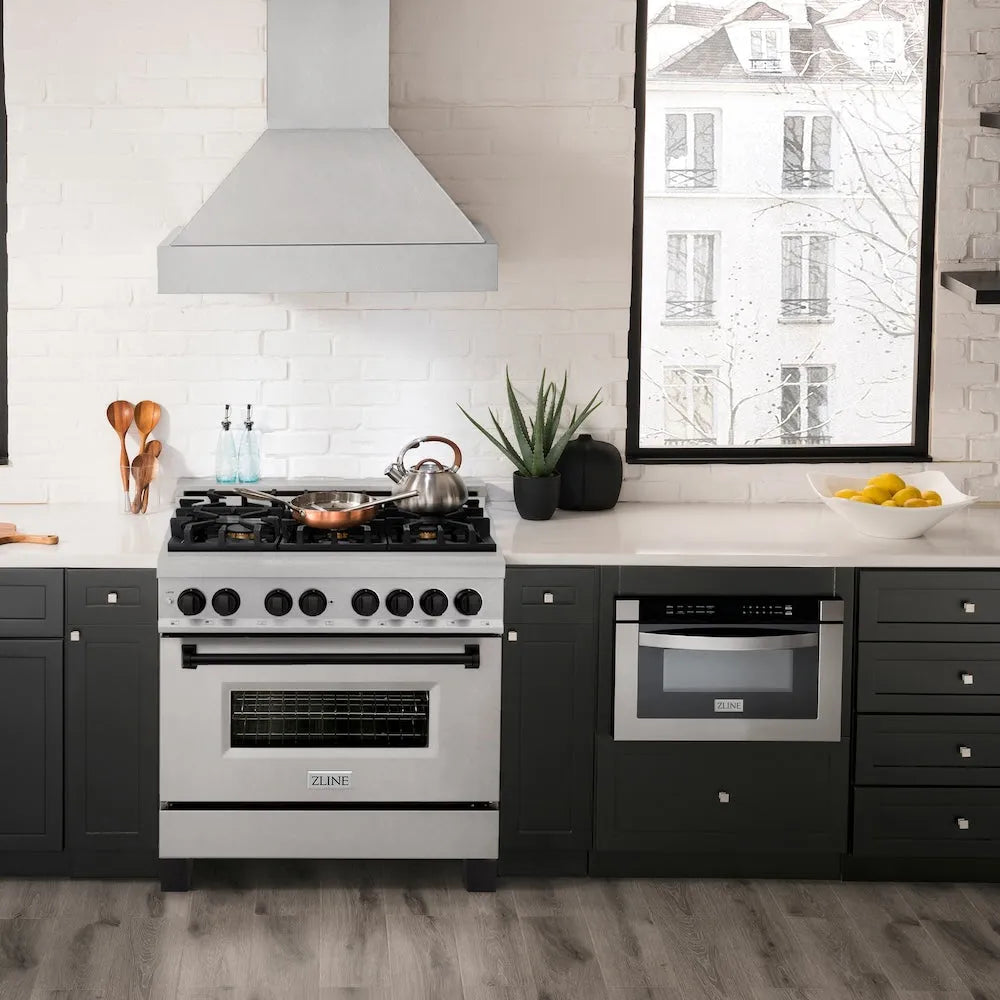 ZLINE Autograph Edition 36 in. 4.6 cu. ft. Legacy Dual Fuel Range with 6 Burner Gas Cooktop and Electric Convection Oven in Satin Stainless Steel and Matte Black Accents (RASZ-SN-36-MB) front, oven closed.