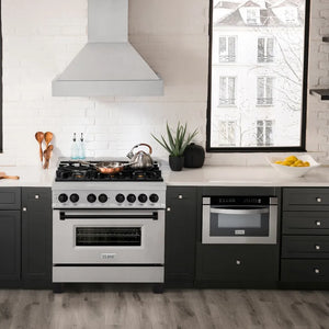 ZLINE Autograph Edition 36 in. 4.6 cu. ft. Legacy Dual Fuel Range with 6 Burner Gas Cooktop and Electric Convection Oven in Satin Stainless Steel and Matte Black Accents (RASZ-SN-36-MB) front, oven closed.