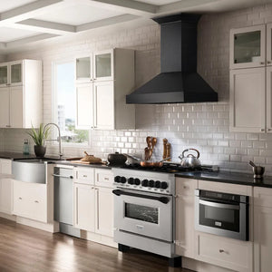 ZLINE Autograph Edition 36 in. 4.6 cu. ft. Legacy Dual Fuel Range with 6 Burner Gas Cooktop and Electric Convection Oven in Satin Stainless Steel and Matte Black Accents (RASZ-SN-36-MB) in a luxury kitchen.
