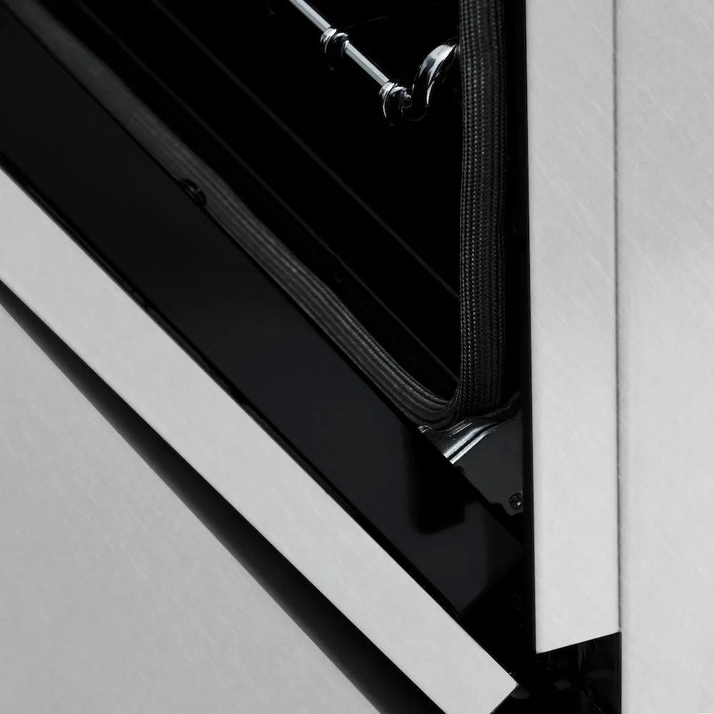 ZLINE Autograph Edition 36 in. 4.6 cu. ft. Legacy Dual Fuel Range with 6 Burner Gas Cooktop and Electric Convection Oven in Satin Stainless Steel and Matte Black Accents (RASZ-SN-36-MB) detail, StayPut hinge.