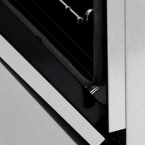 ZLINE Autograph Edition 36 in. 4.6 cu. ft. Legacy Dual Fuel Range with 6 Burner Gas Cooktop and Electric Convection Oven in Satin Stainless Steel and Matte Black Accents (RASZ-SN-36-MB) detail, StayPut hinge.