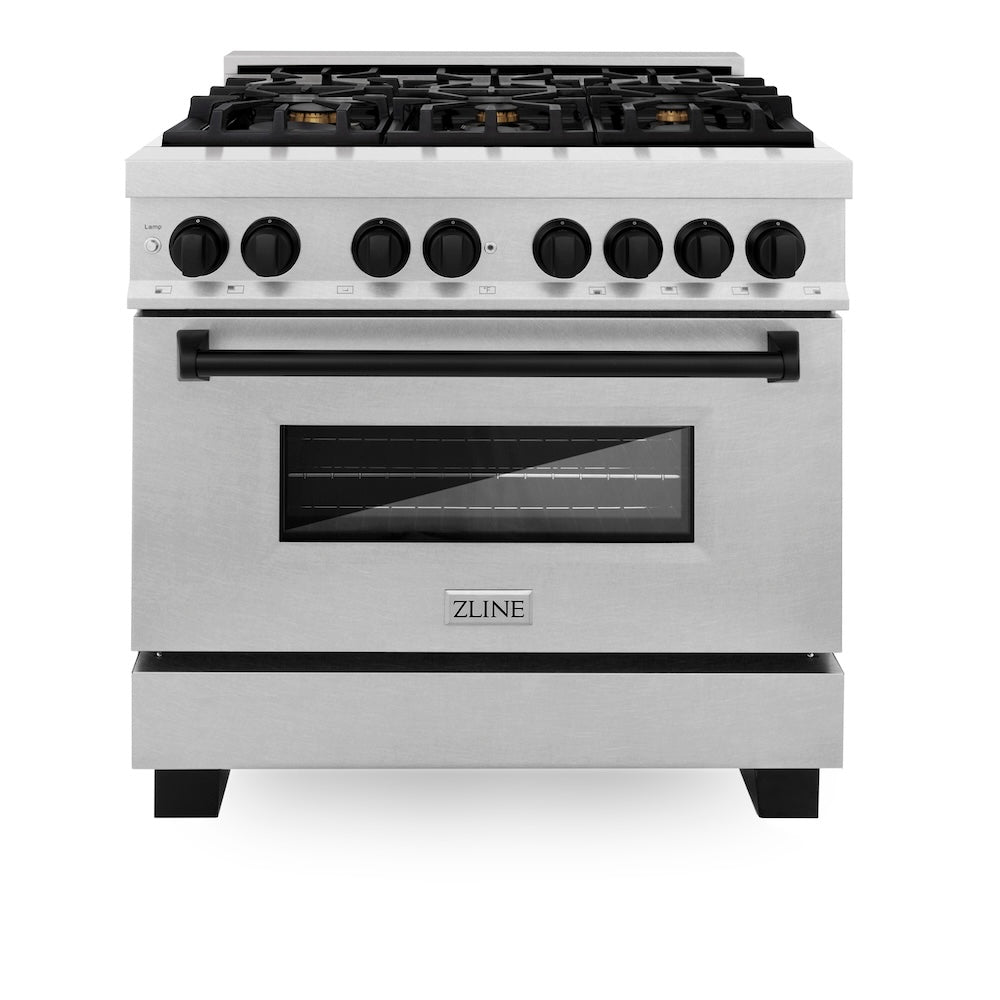 ZLINE Autograph Edition 36 in. 4.6 cu. ft. Legacy Dual Fuel Range with 6 Burner Gas Cooktop and Electric Convection Oven in Satin Stainless Steel and Matte Black Accents (RASZ-SN-36-MB) front, oven closed.