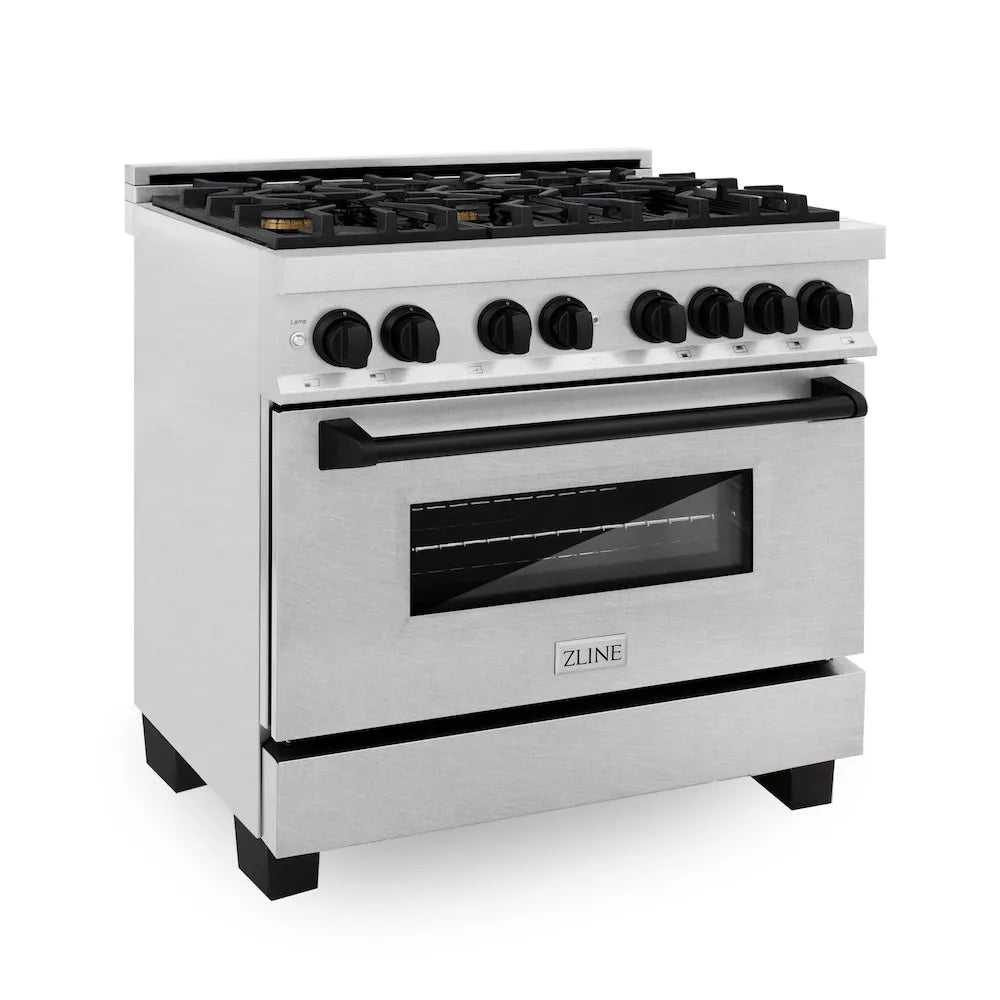 ZLINE Autograph Edition 36 in. 4.6 cu. ft. Legacy Dual Fuel Range with 6 Burner Gas Cooktop and Electric Convection Oven in Satin Stainless Steel and Matte Black Accents (RASZ-SN-36-MB) main image.