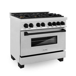 ZLINE Autograph Edition 36 in. 4.6 cu. ft. Legacy Dual Fuel Range with 6 Burner Gas Cooktop and Electric Convection Oven in Satin Stainless Steel and Matte Black Accents (RASZ-SN-36-MB) main image.