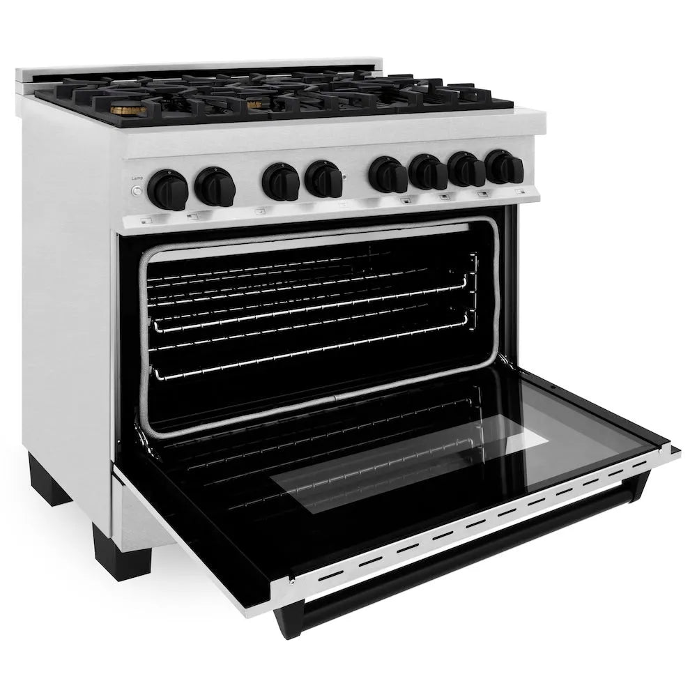 ZLINE Autograph Edition 36 in. 4.6 cu. ft. Legacy Dual Fuel Range with 6 Burner Gas Cooktop and Electric Convection Oven in Satin Stainless Steel and Matte Black Accents (RASZ-SN-36-MB) side.