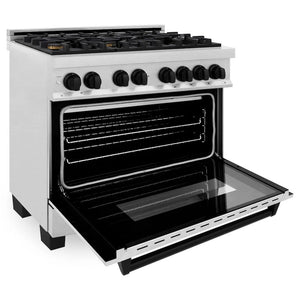 ZLINE Autograph Edition 36 in. 4.6 cu. ft. Legacy Dual Fuel Range with 6 Burner Gas Cooktop and Electric Convection Oven in Satin Stainless Steel and Matte Black Accents (RASZ-SN-36-MB) side.