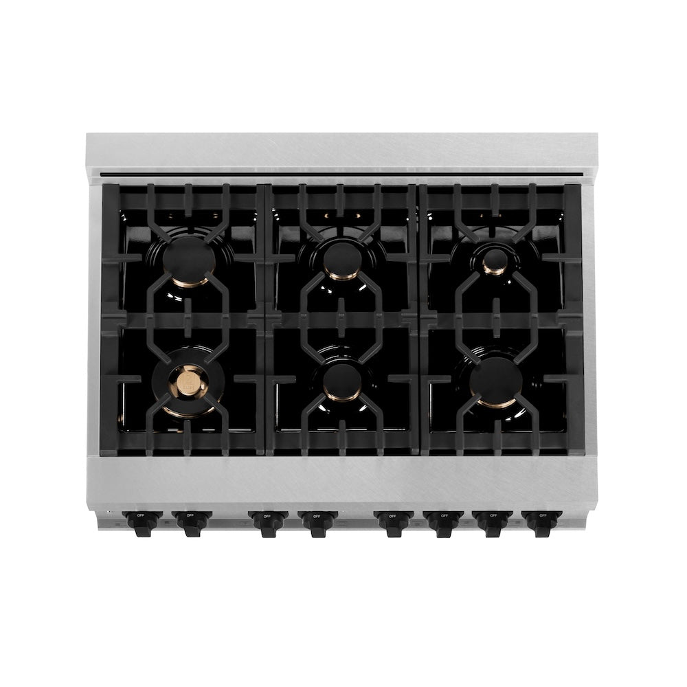 ZLINE Autograph Edition 36 in. 4.6 cu. ft. Legacy Dual Fuel Range with 6 Burner Gas Cooktop and Electric Convection Oven in Satin Stainless Steel and Matte Black Accents (RASZ-SN-36-MB) top-down, above cooktop.