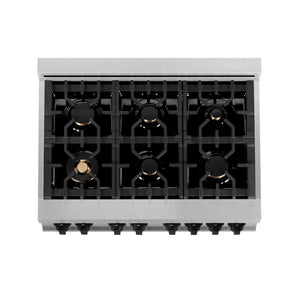ZLINE Autograph Edition 36 in. 4.6 cu. ft. Legacy Dual Fuel Range with 6 Burner Gas Cooktop and Electric Convection Oven in Satin Stainless Steel and Matte Black Accents (RASZ-SN-36-MB) top-down, above cooktop.