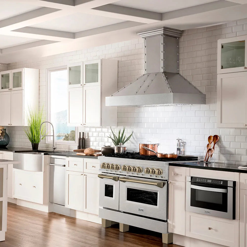 Farmhouse kitchen with ZLINE Autograph Edition 48 in. 6.0 cu. ft. Legacy Dual Fuel Range with 7 Burner Gas Cooktop and 2 Electric Ovens in Satin Stainless Steel and Champagne Bronze Accents (RASZ-SN-48-CB), stainless steel appliances, and white cabinets