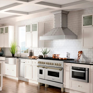 Farmhouse kitchen with ZLINE Autograph Edition 48 in. 6.0 cu. ft. Legacy Dual Fuel Range with 7 Burner Gas Cooktop and 2 Electric Ovens in Satin Stainless Steel and Champagne Bronze Accents (RASZ-SN-48-CB), stainless steel appliances, and white cabinets