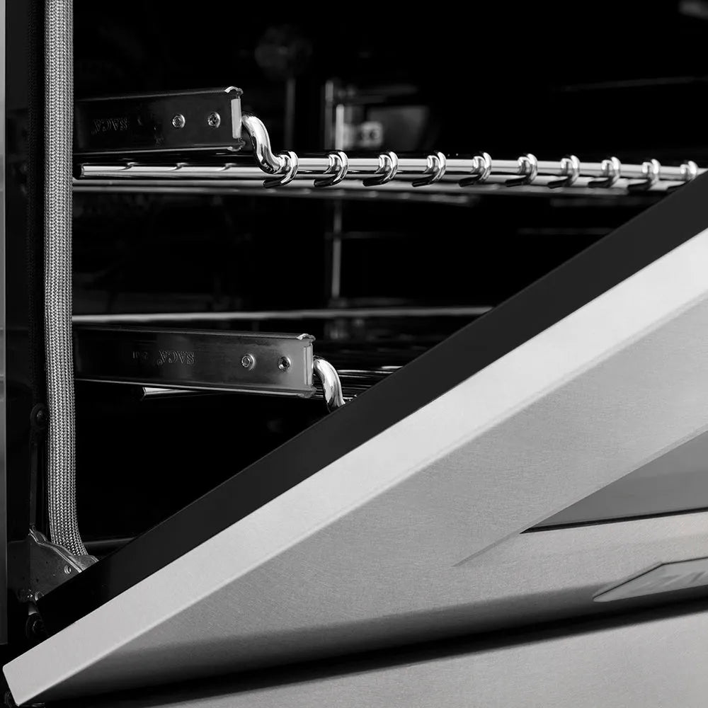 ZLINE Autograph Edition 48 in. 6.0 cu. ft. Legacy Dual Fuel Range with 7 Burner Gas Cooktop and 2 Electric Ovens in Satin Stainless Steel and Champagne Bronze Accents (RASZ-SN-48-CB) close-up oven half open.