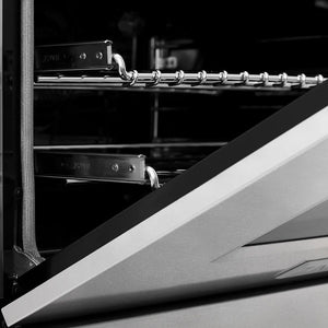 ZLINE Autograph Edition 48 in. 6.0 cu. ft. Legacy Dual Fuel Range with 7 Burner Gas Cooktop and 2 Electric Ovens in Satin Stainless Steel and Champagne Bronze Accents (RASZ-SN-48-CB) close-up oven half open.