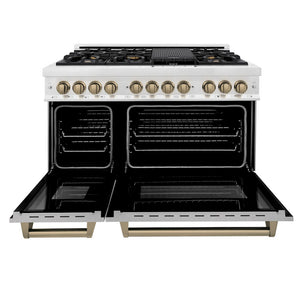 ZLINE Autograph Edition 48 in. 6.0 cu. ft. Legacy Dual Fuel Range with 7 Burner Gas Cooktop and 2 Electric Ovens in Satin Stainless Steel and Champagne Bronze Accents (RASZ-SN-48-CB) front, open.