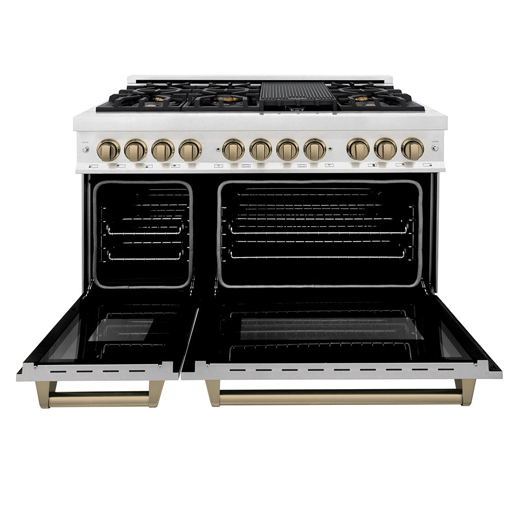ZLINE Autograph Edition 48 in. 6.0 cu. ft. Legacy Dual Fuel Range with 7 Burner Gas Cooktop and 2 Electric Ovens in Satin Stainless Steel and Champagne Bronze Accents (RASZ-SN-48-CB) front, oven open.