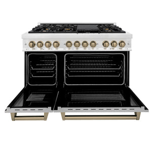 ZLINE Autograph Edition 48 in. 6.0 cu. ft. Legacy Dual Fuel Range with 7 Burner Gas Cooktop and 2 Electric Ovens in Satin Stainless Steel and Champagne Bronze Accents (RASZ-SN-48-CB) front, oven open.