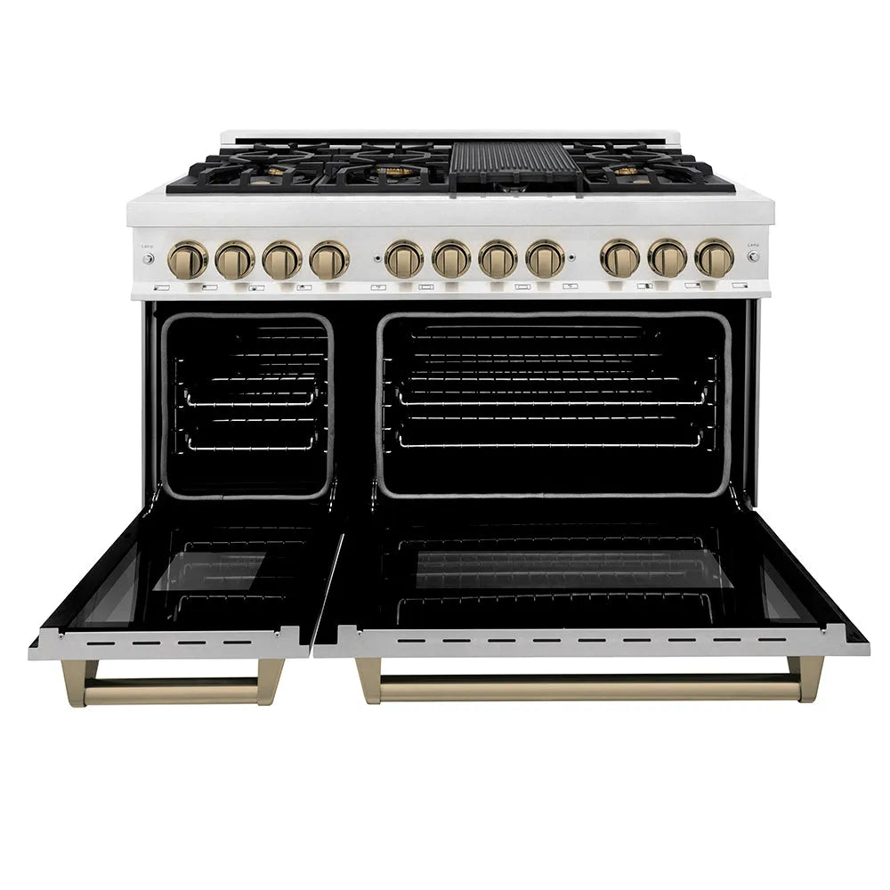 ZLINE Autograph Edition 48 in. 6.0 cu. ft. Legacy Dual Fuel Range with 7 Burner Gas Cooktop and 2 Electric Ovens in Satin Stainless Steel and Champagne Bronze Accents (RASZ-SN-48-CB) front, oven open.