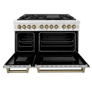ZLINE Autograph Edition 48 in. 6.0 cu. ft. Legacy Dual Fuel Range with 7 Burner Gas Cooktop and 2 Electric Ovens in Satin Stainless Steel and Champagne Bronze Accents (RASZ-SN-48-CB) front, oven open.