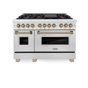 ZLINE Autograph Edition 48 in. 6.0 cu. ft. Legacy Dual Fuel Range with 7 Burner Gas Cooktop and 2 Electric Ovens in Satin Stainless Steel and Champagne Bronze Accents (RASZ-SN-48-CB) front, oven closed.