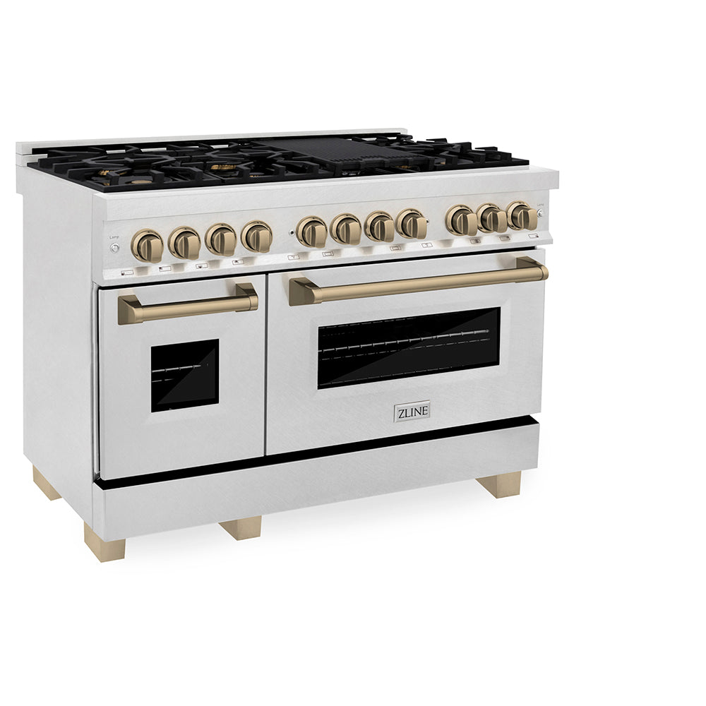 ZLINE Autograph Edition 48 in. 6.0 cu. ft. Legacy Dual Fuel Range with 7 Burner Gas Cooktop and 2 Electric Ovens in Satin Stainless Steel and Champagne Bronze Accents (RASZ-SN-48-CB) side.