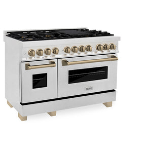 ZLINE Autograph Edition 48 in. 6.0 cu. ft. Legacy Dual Fuel Range with 7 Burner Gas Cooktop and 2 Electric Ovens in Satin Stainless Steel and Champagne Bronze Accents (RASZ-SN-48-CB) side.