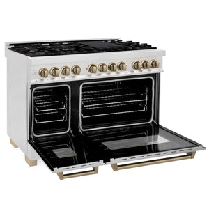 ZLINE Autograph Edition 48 in. 6.0 cu. ft. Legacy Dual Fuel Range with 7 Burner Gas Cooktop and 2 Electric Ovens in Satin Stainless Steel and Champagne Bronze Accents (RASZ-SN-48-CB) side, oven open.