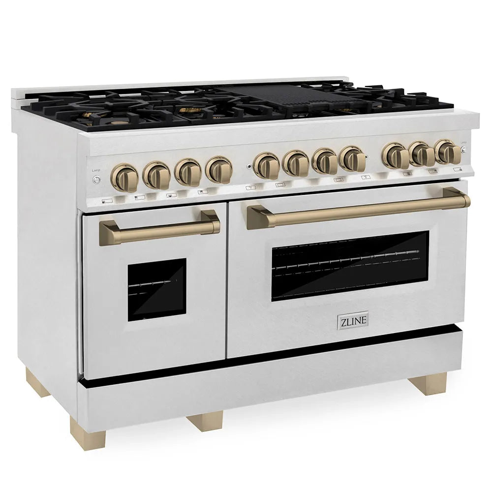 ZLINE Autograph Edition 48 in. 6.0 cu. ft. Legacy Dual Fuel Range with 7 Burner Gas Cooktop and 2 Electric Ovens in Satin Stainless Steel and Champagne Bronze Accents (RASZ-SN-48-CB) main image.