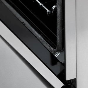 ZLINE Autograph Edition 48 in. 6.0 cu. ft. Legacy Dual Fuel Range with 7 Burner Gas Cooktop and 2 Electric Ovens in Satin Stainless Steel and Polished Gold Accents (RASZ-SN-48-G) detail, StayPut hinge.