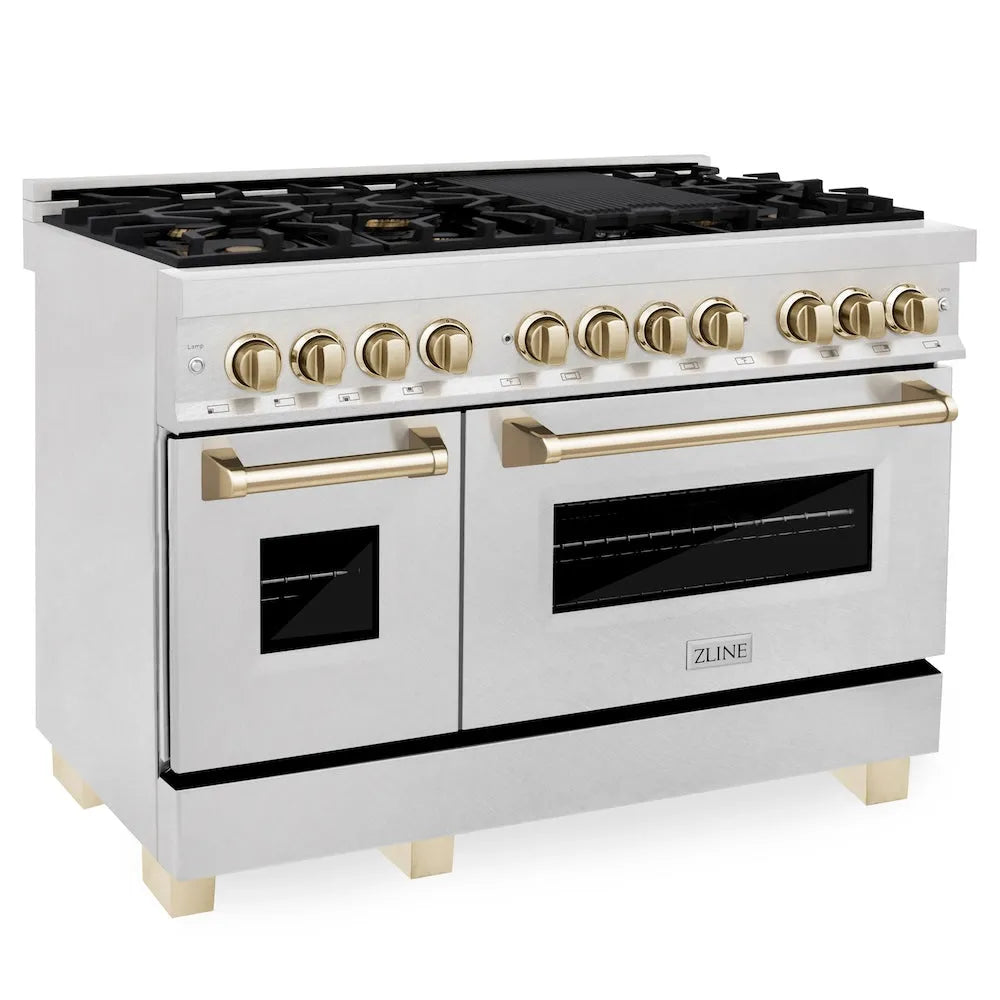 ZLINE Autograph Edition 48 in. 6.0 cu. ft. Legacy Dual Fuel Range with 7 Burner Gas Cooktop and 2 Electric Ovens in Satin Stainless Steel and Polished Gold Accents (RASZ-SN-48-G) main image.