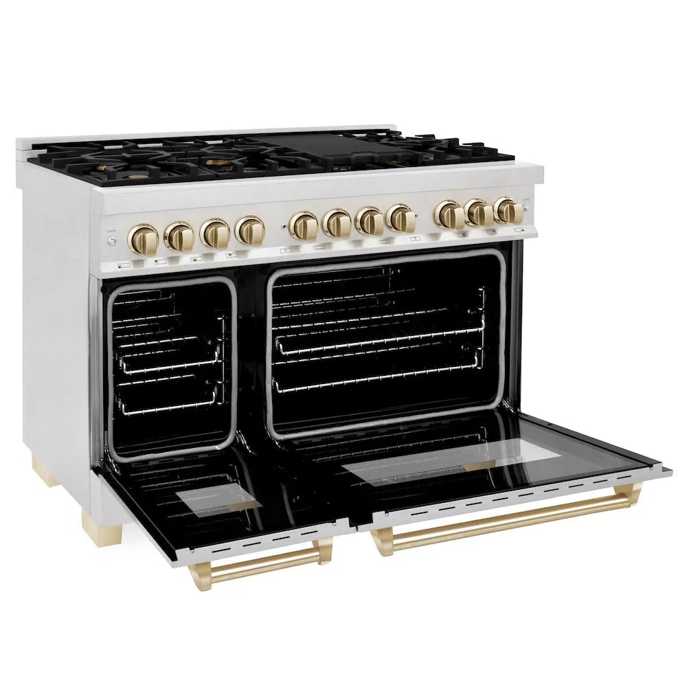ZLINE Autograph Edition 48 in. 6.0 cu. ft. Legacy Dual Fuel Range with 7 Burner Gas Cooktop and 2 Electric Ovens in Satin Stainless Steel and Polished Gold Accents (RASZ-SN-48-G) side, oven open.