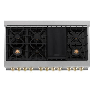 ZLINE Autograph Edition 48 in. 6.0 cu. ft. Legacy Dual Fuel Range with 7 Burner Gas Cooktop and 2 Electric Ovens in Satin Stainless Steel and Polished Gold Accents (RASZ-SN-48-G) top-down, above cooktop.