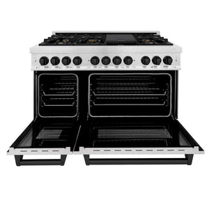 ZLINE Autograph Edition 48 in. 6.0 cu. ft. Legacy Dual Fuel Range with 7 Burner Gas Cooktop and 2 Electric Ovens in Satin Stainless Steel and Matte Black Accents (RASZ-SN-48-MB)