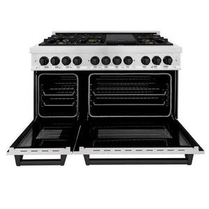 ZLINE Autograph Edition 48 in. 6.0 cu. ft. Legacy Dual Fuel Range with 7 Burner Gas Cooktop and 2 Electric Ovens in Satin Stainless Steel and Matte Black Accents (RASZ-SN-48-MB) front, oven open.