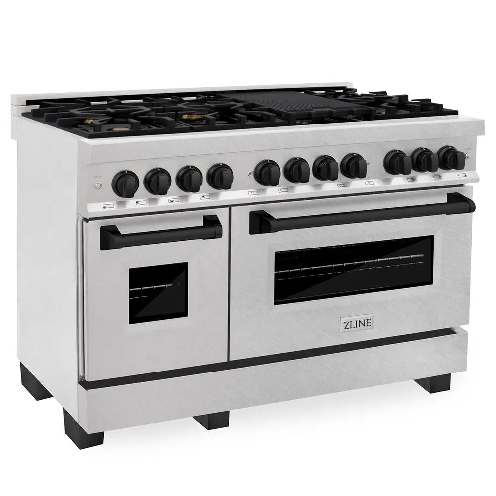 ZLINE Autograph Edition 48 in. 6.0 cu. ft. Legacy Dual Fuel Range with 7 Burner Gas Cooktop and 2 Electric Ovens in Satin Stainless Steel and Matte Black Accents (RASZ-SN-48-MB) main image.