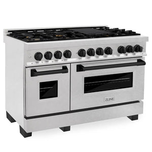 ZLINE Autograph Edition 48 in. 6.0 cu. ft. Legacy Dual Fuel Range with 7 Burner Gas Cooktop and 2 Electric Ovens in Satin Stainless Steel and Matte Black Accents (RASZ-SN-48-MB) main image.