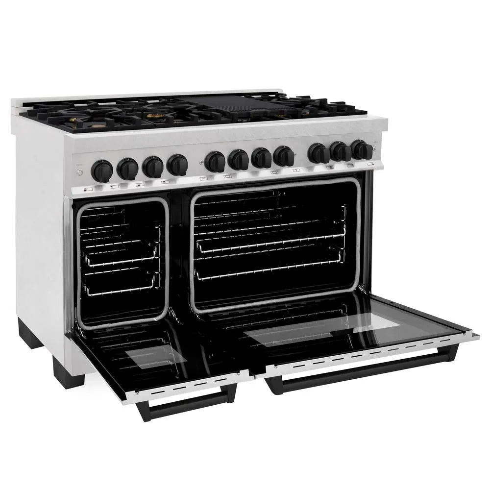 ZLINE Autograph Edition 48 in. 6.0 cu. ft. Legacy Dual Fuel Range with 7 Burner Gas Cooktop and 2 Electric Ovens in Satin Stainless Steel and Matte Black Accents (RASZ-SN-48-MB) side.