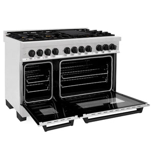 ZLINE Autograph Edition 48 in. 6.0 cu. ft. Legacy Dual Fuel Range with 7 Burner Gas Cooktop and 2 Electric Ovens in Satin Stainless Steel and Matte Black Accents (RASZ-SN-48-MB) side.