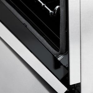 ZLINE Autograph Edition 60 in. 7.4 cu. ft. Legacy Dual Fuel Range with 9 Burner Gas Cooktop and 2 Electric Convection Ovens in Satin Stainless Steel and Champagne Bronze Accents (RASZ-SN-60-CB) detail, StayPut hinge.