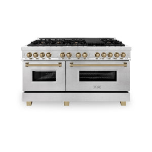 ZLINE Autograph Edition 60 in. 7.4 cu. ft. Legacy Dual Fuel Range with 9 Burner Gas Cooktop and 2 Electric Convection Ovens in Satin Stainless Steel and Champagne Bronze Accents (RASZ-SN-60-CB) front, oven closed.