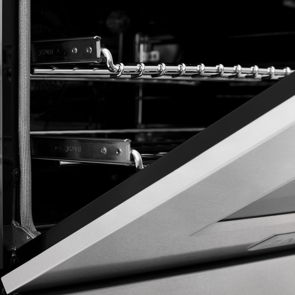 ZLINE Autograph Edition 60 in. 7.4 cu. ft. Legacy Dual Fuel Range with 9 Burner Gas Cooktop and 2 Electric Convection Ovens in Satin Stainless Steel and Polished Gold Accents (RASZ-SN-60-G) oven door detail half open.