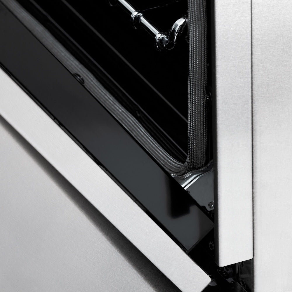 ZLINE Autograph Edition 60 in. 7.4 cu. ft. Legacy Dual Fuel Range with 9 Burner Gas Cooktop and 2 Electric Convection Ovens in Satin Stainless Steel and Polished Gold Accents (RASZ-SN-60-G) detail, StayPut hinge.